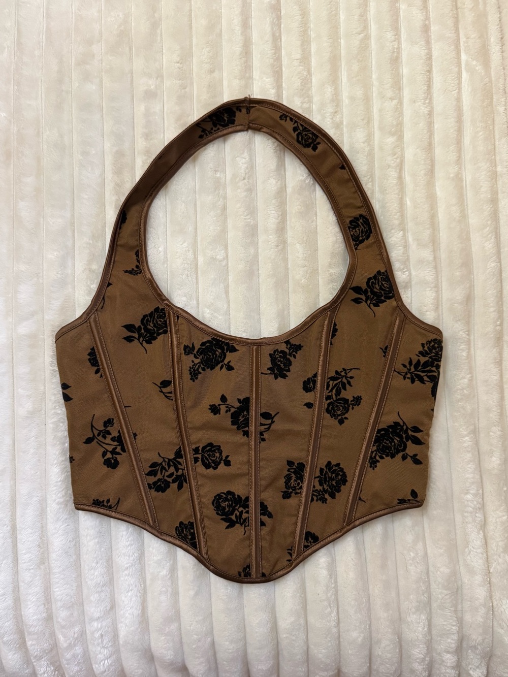 Brown Floral Corset-Style Halter Top